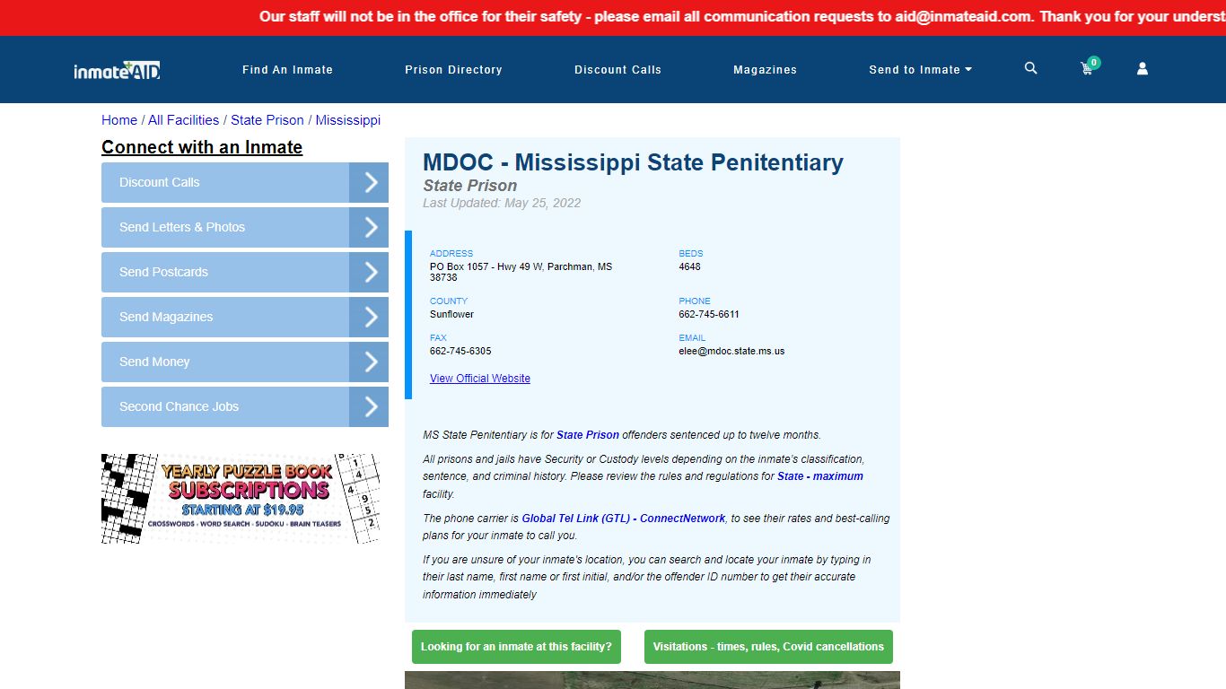 MDOC - Mississippi State Penitentiary & Inmate Search - Parchman, MS